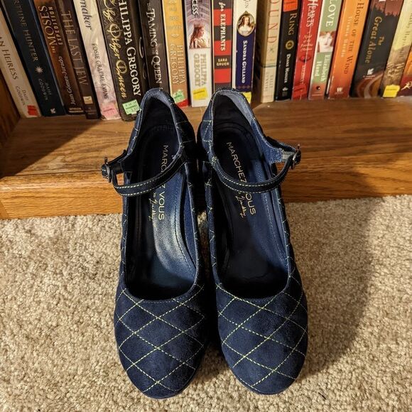 MARCHEZ Vous quilted blue suede thick heel ankle strap platform shoes sz 9.5 euc - Picture 2 of 8